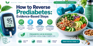 How to reverse prediabetes evidence-based steps graphic featuring healthy food and glucose meter